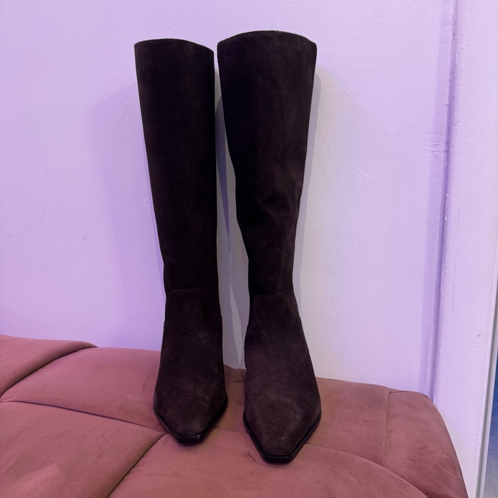 REFORMATION Dominique Genuine Boss Suede Espresso Brown Knee High Leather Boots - Picture 4 of 13
